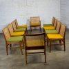 1960’s Mid-Century Modern Hibriten Set of 10 Walnut & Cane Dining Chairs 2 Armed & 8 Side Yellow & Green Fabric