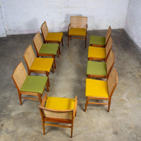 1960’s Mid-Century Modern Hibriten Set of 10 Walnut & Cane Dining Chairs 2 Armed & 8 Side Yellow & Green Fabric