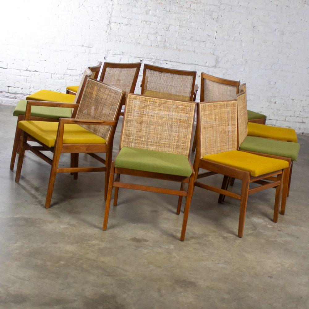 1960’s Mid-Century Modern Hibriten Set of 10 Walnut & Cane Dining Chairs 2 Armed & 8 Side Yellow & Green Fabric