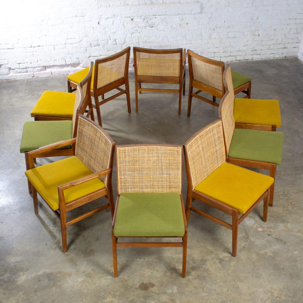 1960’s Mid-Century Modern Hibriten Set of 10 Walnut & Cane Dining Chairs 2 Armed & 8 Side Yellow & Green Fabric