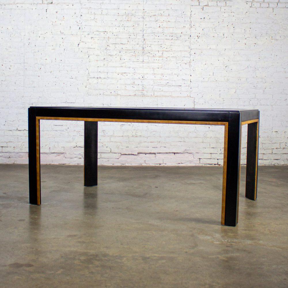 1970-1980’s Modern Campaign Parsons Style Dining Table Black Painted w/Faux Rattan Trim & Glass Inset