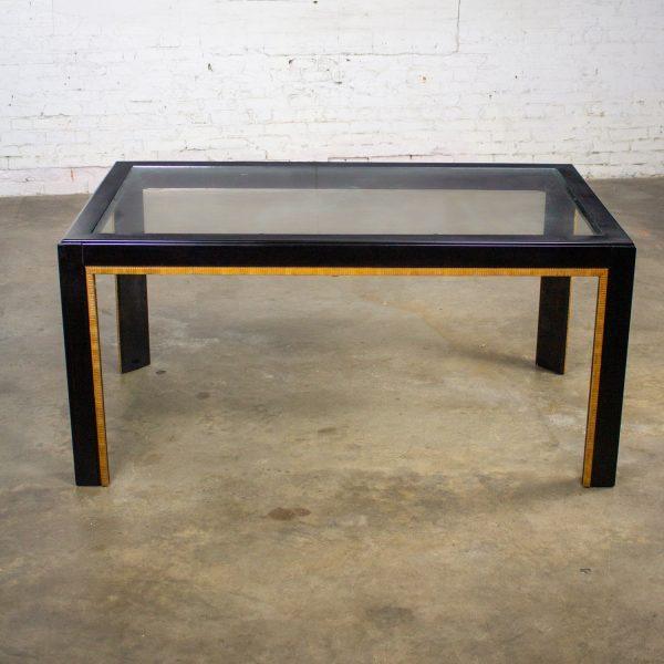1970-1980’s Modern Campaign Parsons Style Dining Table Black Painted w/Faux Rattan Trim & Glass Inset