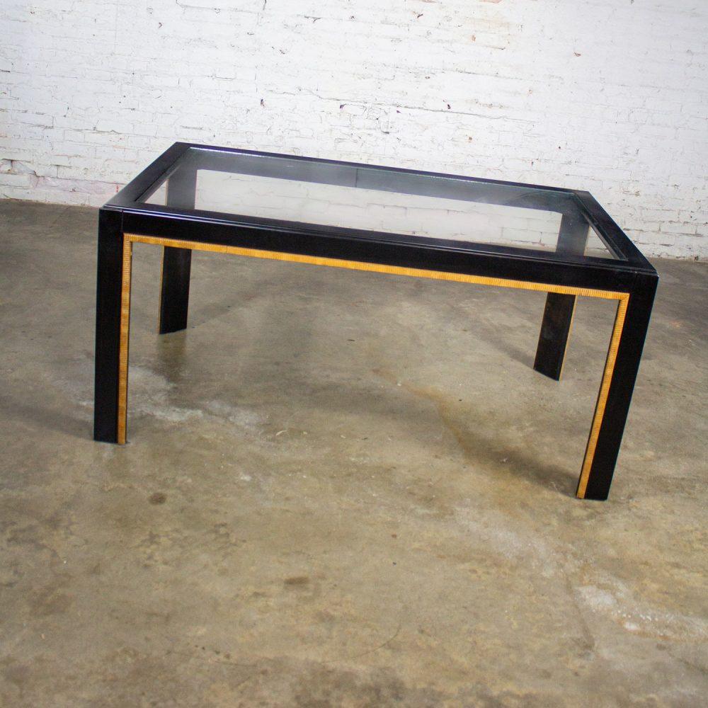 1970-1980’s Modern Campaign Parsons Style Dining Table Black Painted w/Faux Rattan Trim & Glass Inset