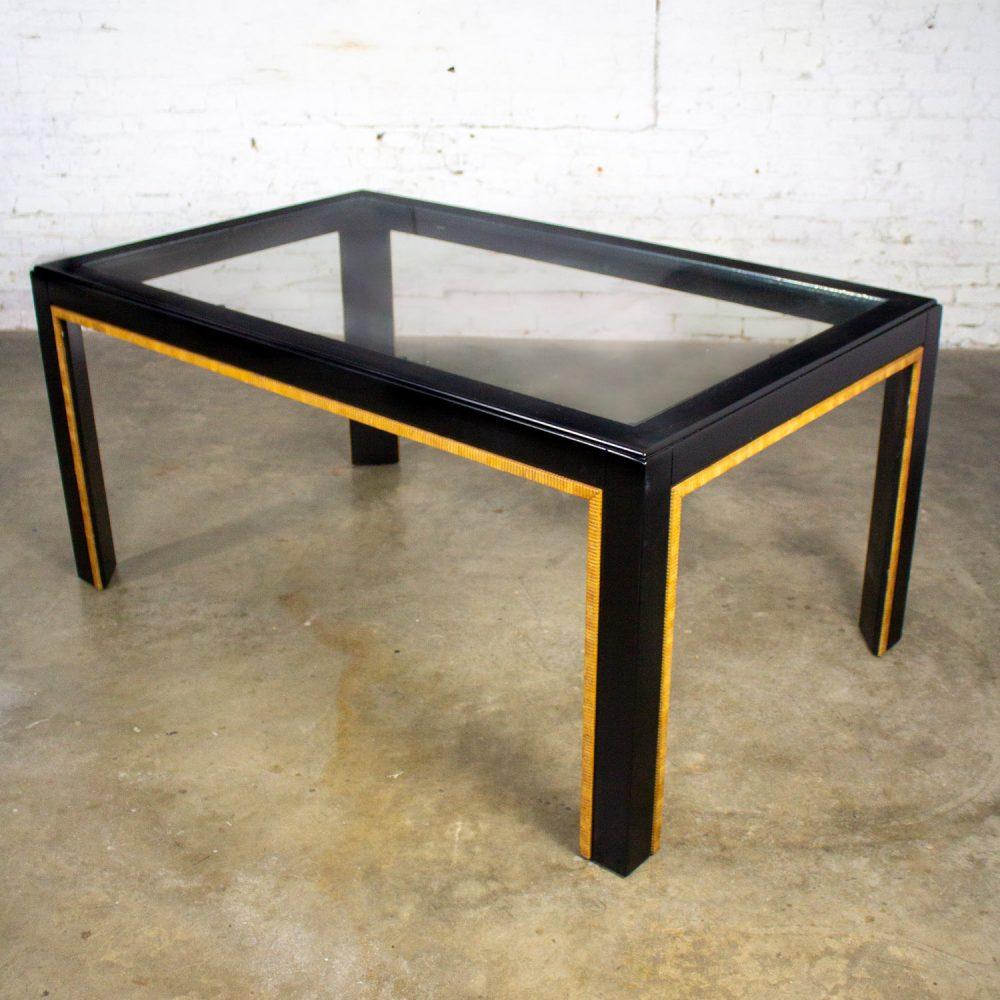 1970-1980’s Modern Campaign Parsons Style Dining Table Black Painted w/Faux Rattan Trim & Glass Inset
