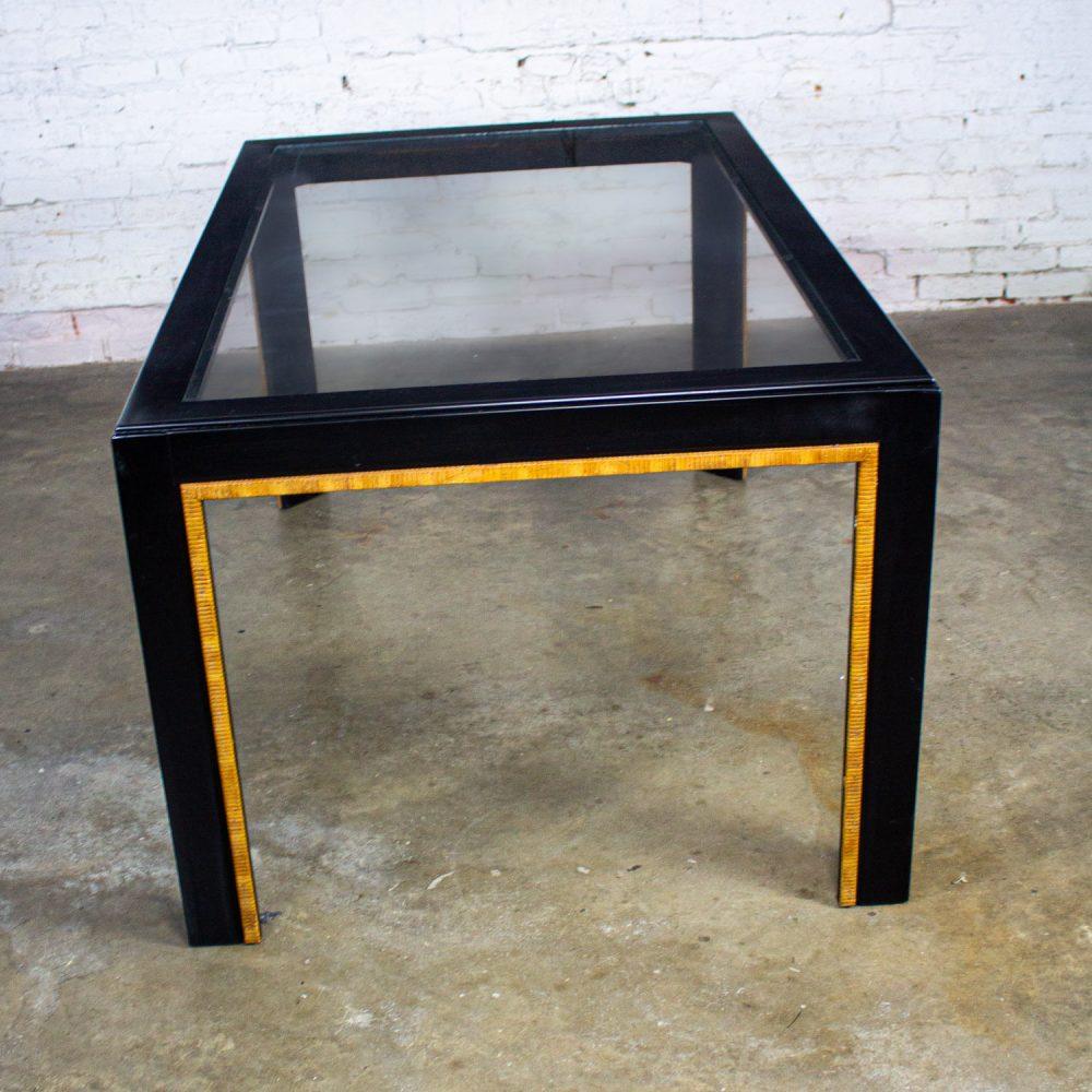 1970-1980’s Modern Campaign Parsons Style Dining Table Black Painted w/Faux Rattan Trim & Glass Inset