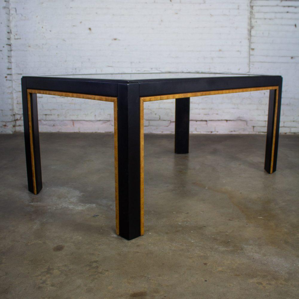 1970-1980’s Modern Campaign Parsons Style Dining Table Black Painted w/Faux Rattan Trim & Glass Inset