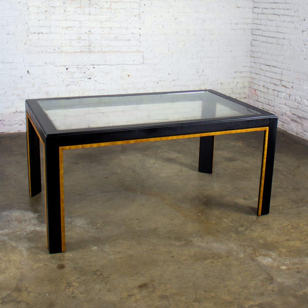 1970-1980’s Modern Campaign Parsons Style Dining Table Black Painted w/Faux Rattan Trim & Glass Inset