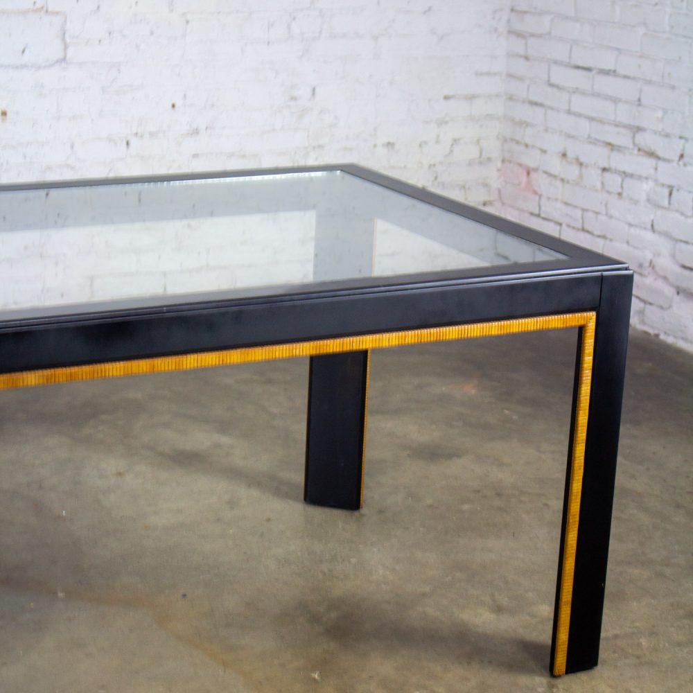 1970-1980’s Modern Campaign Parsons Style Dining Table Black Painted w/Faux Rattan Trim & Glass Inset