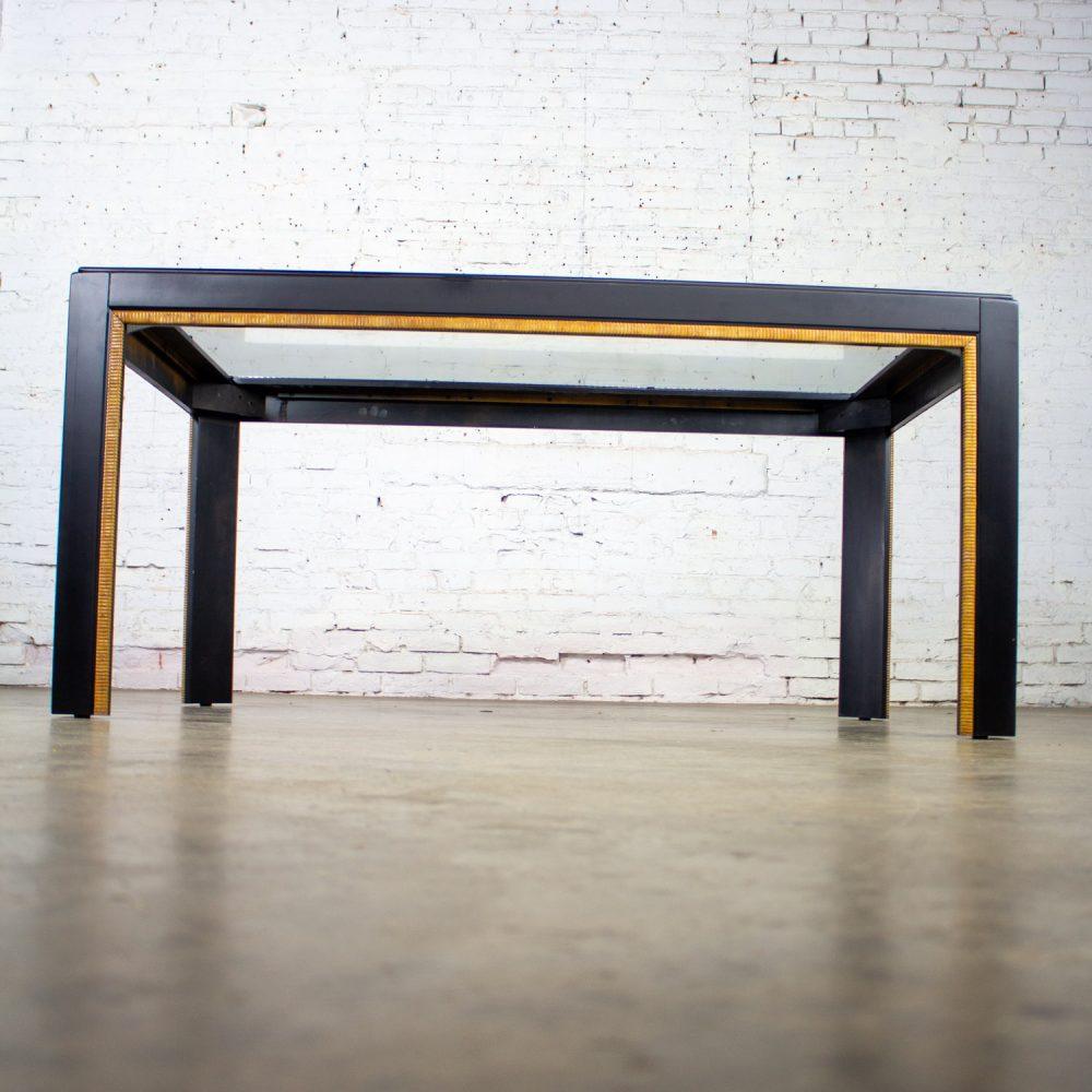 1970-1980’s Modern Campaign Parsons Style Dining Table Black Painted w/Faux Rattan Trim & Glass Inset