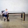 1970-1980’s Modern Campaign Parsons Style Dining Table Black Painted w/Faux Rattan Trim & Glass Inset