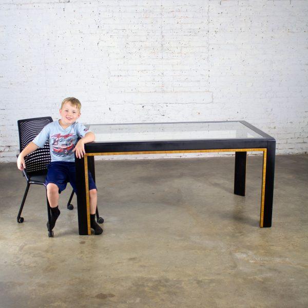 1970-1980’s Modern Campaign Parsons Style Dining Table Black Painted w/Faux Rattan Trim & Glass Inset