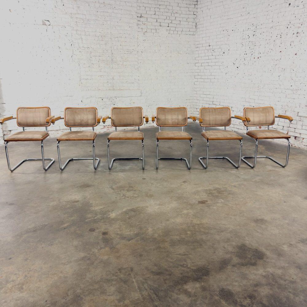 1970’s Bauhaus Cantilever Base Armchairs Made in Italy Style of Marcel Breuer Cesca Chair Set of 6