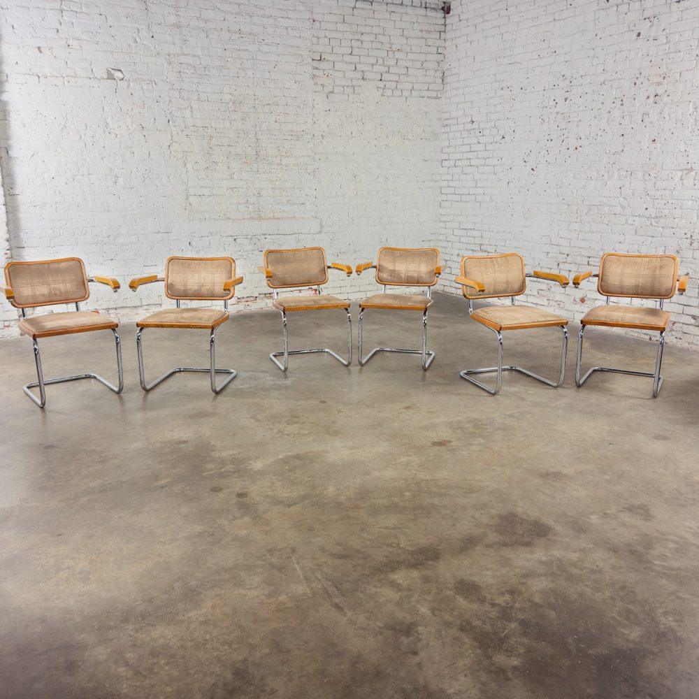 1970’s Bauhaus Cantilever Base Armchairs Made in Italy Style of Marcel Breuer Cesca Chair Set of 6