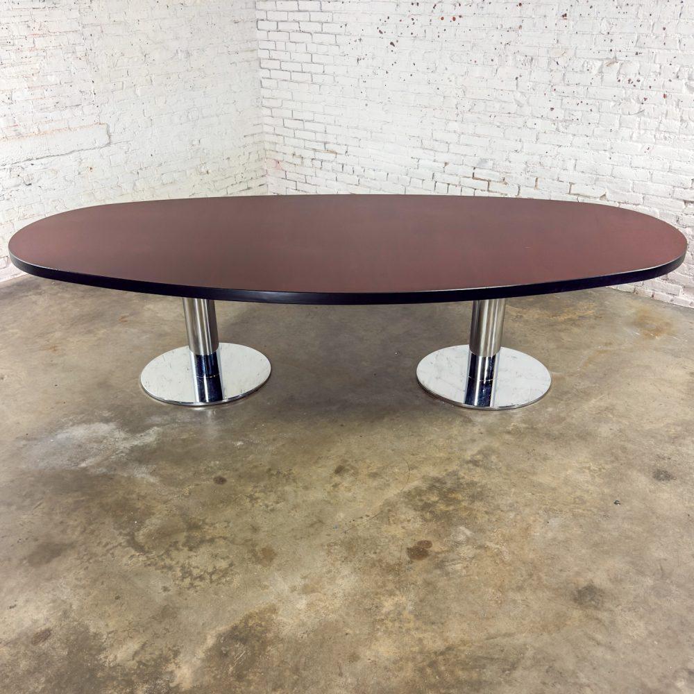 Late 20th Century Modern Monumental Oval Dining or Conference Table w/Chrome Cylindrical Double Pedestal Base