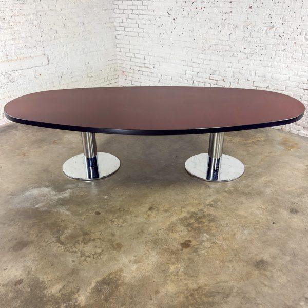 Late 20th Century Modern Monumental Oval Dining or Conference Table w/Chrome Cylindrical Double Pedestal Base