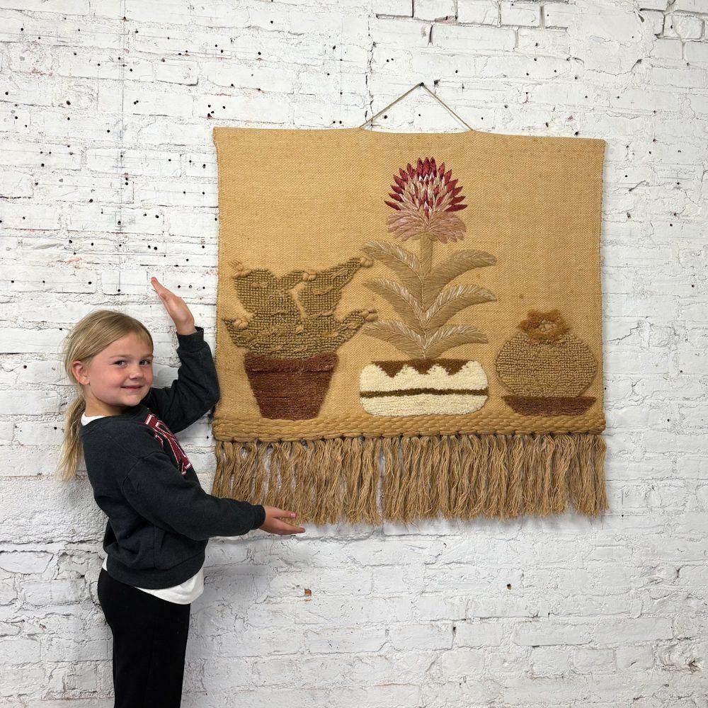 1989 Bohemian Modern Macrame Textile Woven I.C.A. Cactus Wall Hanging in the Style of Don Freedman