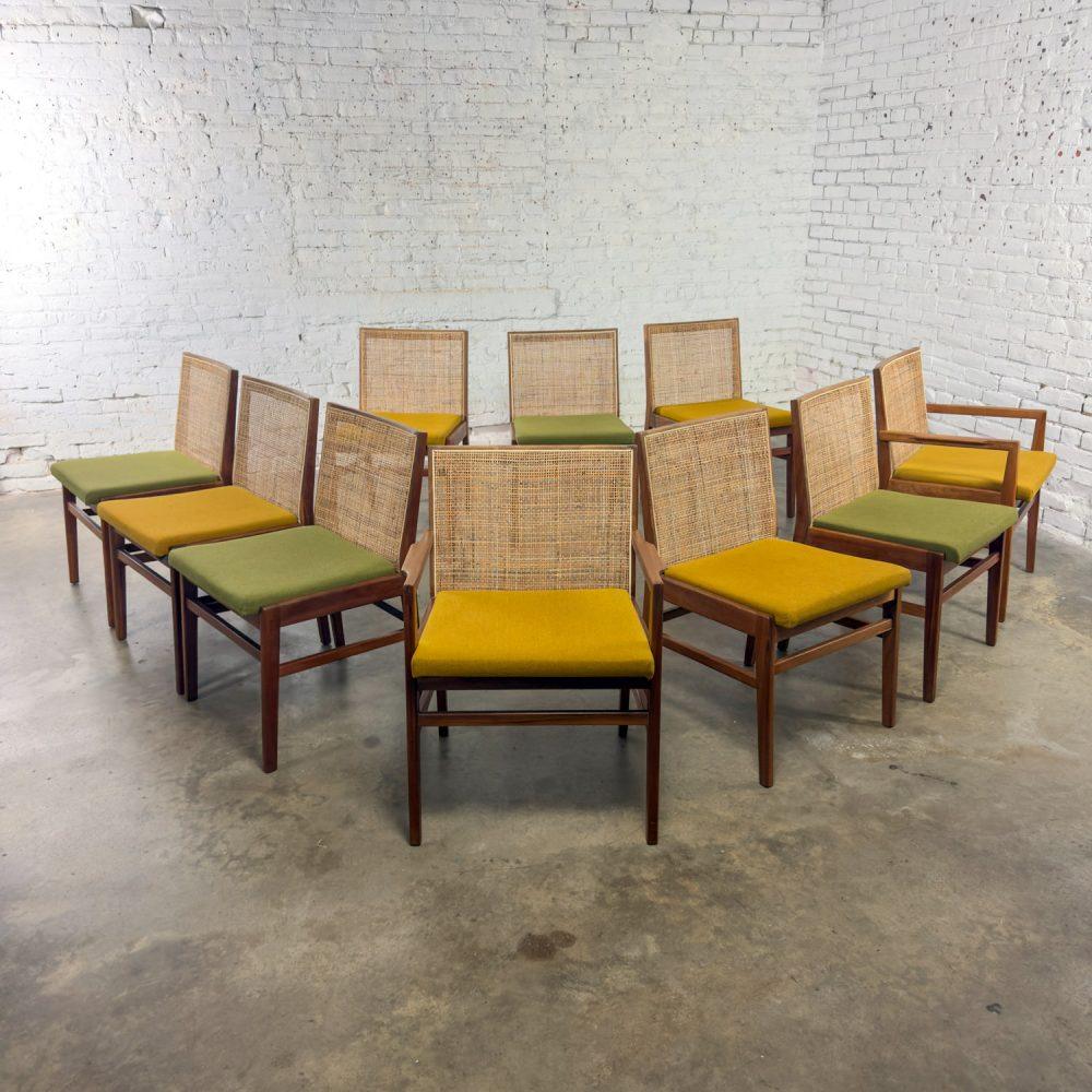 1960’s Mid-Century Modern Hibriten Set of 10 Walnut & Cane Dining Chairs 2 Armed & 8 Side Yellow & Green Fabric