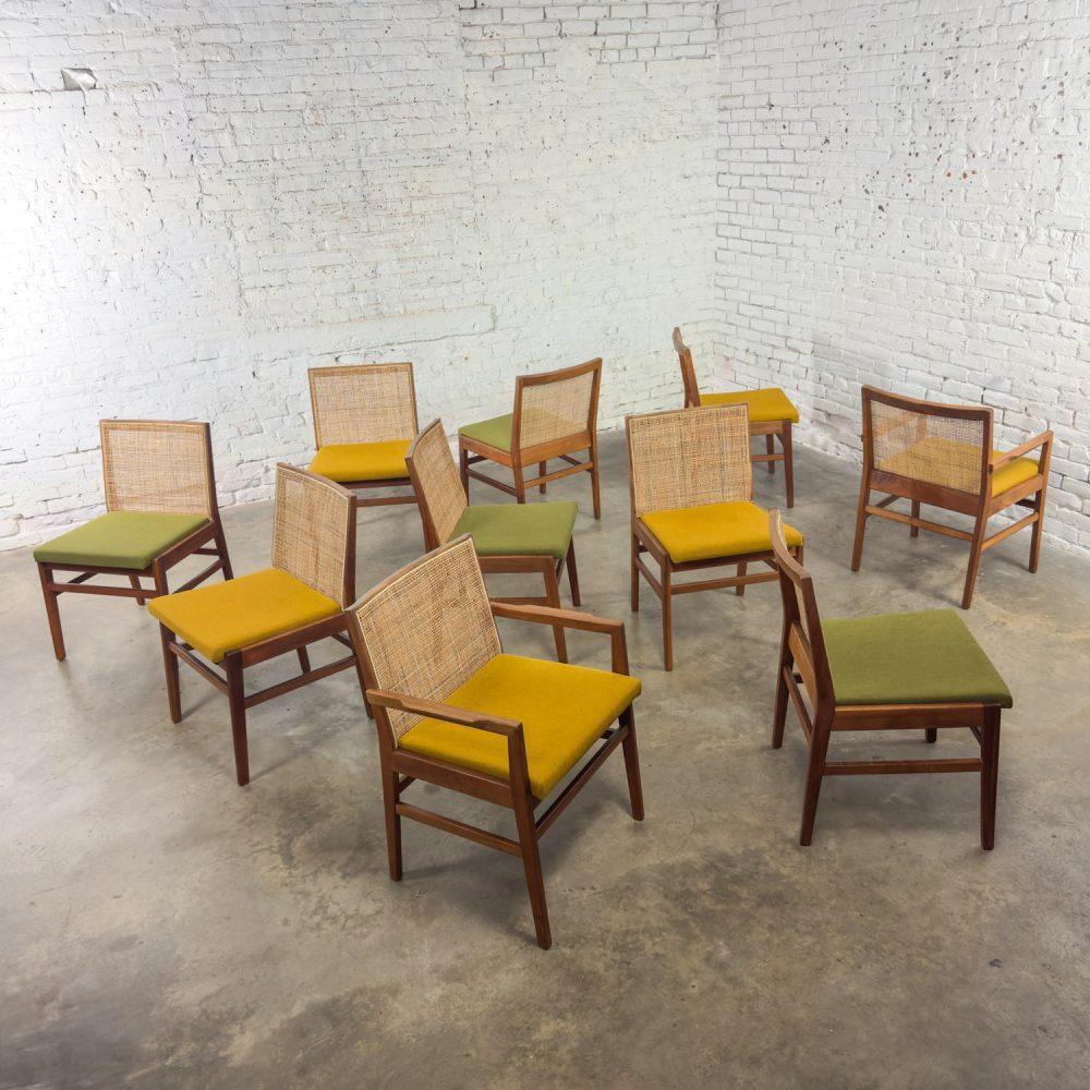 1960’s Mid-Century Modern Hibriten Set of 10 Walnut & Cane Dining Chairs 2 Armed & 8 Side Yellow & Green Fabric