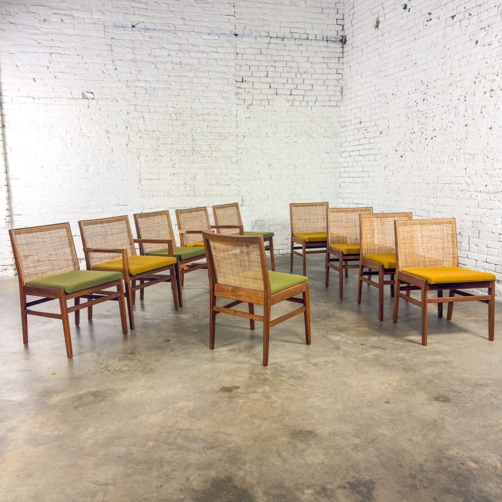 1960’s Mid-Century Modern Hibriten Set of 10 Walnut & Cane Dining Chairs 2 Armed & 8 Side Yellow & Green Fabric