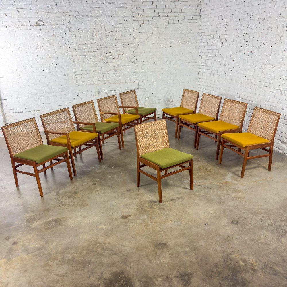 1960’s Mid-Century Modern Hibriten Set of 10 Walnut & Cane Dining Chairs 2 Armed & 8 Side Yellow & Green Fabric