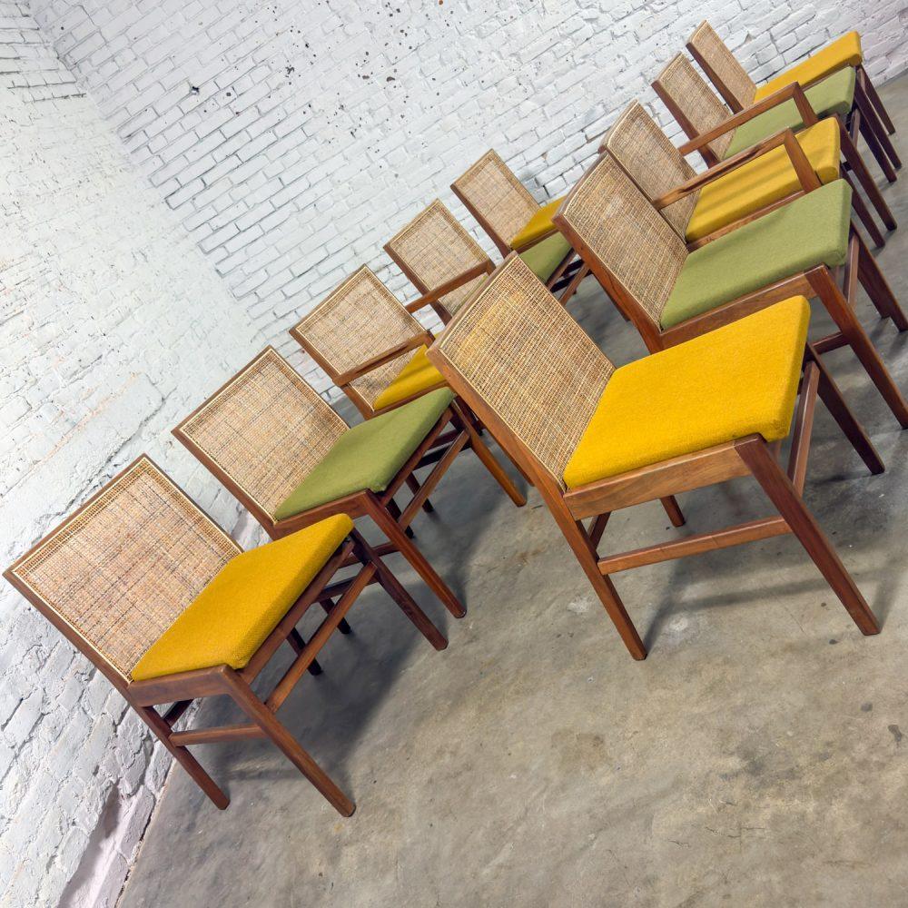 1960’s Mid-Century Modern Hibriten Set of 10 Walnut & Cane Dining Chairs 2 Armed & 8 Side Yellow & Green Fabric
