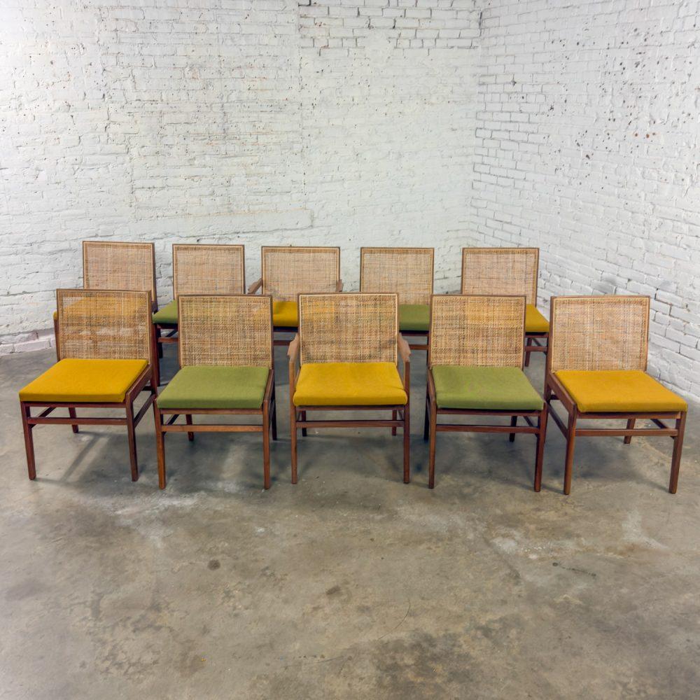 1960’s Mid-Century Modern Hibriten Set of 10 Walnut & Cane Dining Chairs 2 Armed & 8 Side Yellow & Green Fabric
