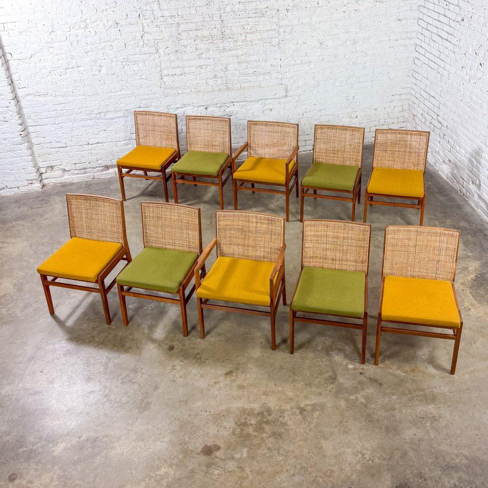 1960’s Mid-Century Modern Hibriten Set of 10 Walnut & Cane Dining Chairs 2 Armed & 8 Side Yellow & Green Fabric