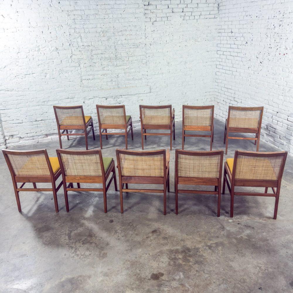 1960’s Mid-Century Modern Hibriten Set of 10 Walnut & Cane Dining Chairs 2 Armed & 8 Side Yellow & Green Fabric