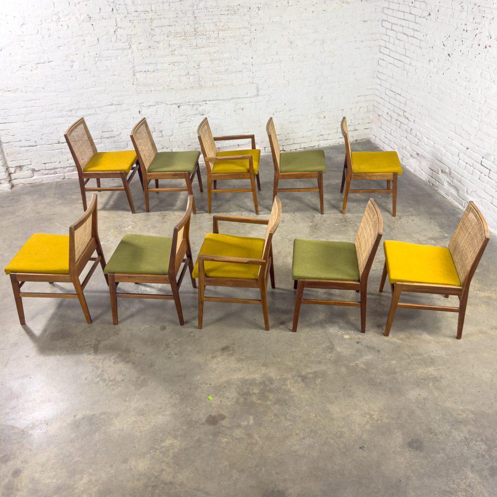 1960’s Mid-Century Modern Hibriten Set of 10 Walnut & Cane Dining Chairs 2 Armed & 8 Side Yellow & Green Fabric