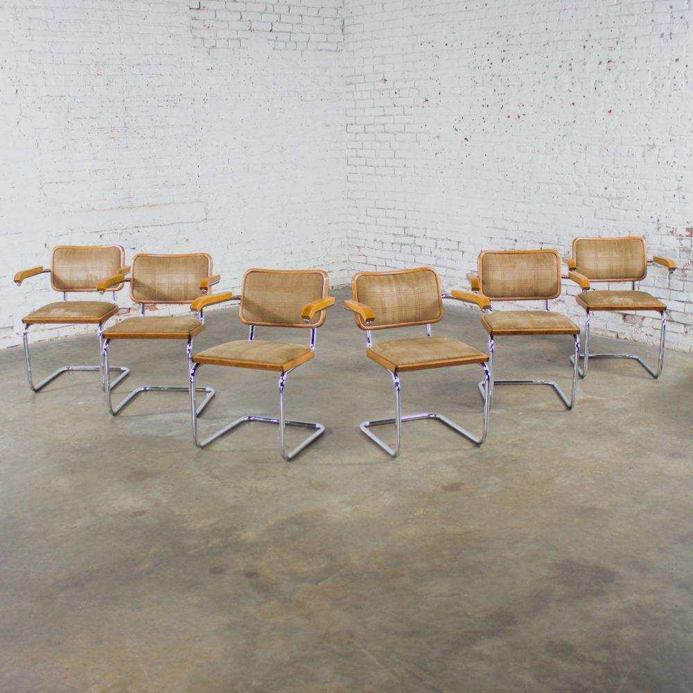 1970’s Bauhaus Cantilever Base Armchairs Made in Italy Style of Marcel Breuer Cesca Chair Set of 6