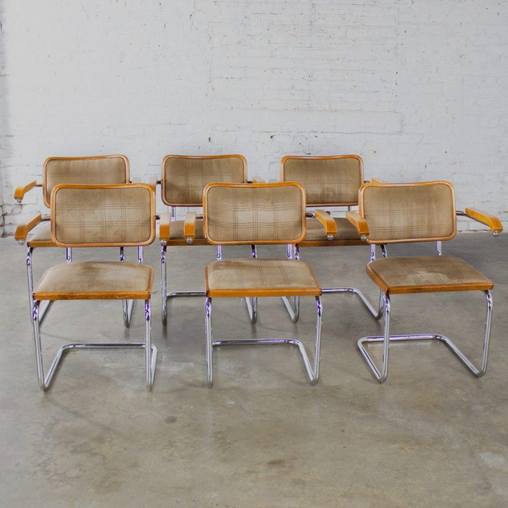 1970’s Bauhaus Cantilever Base Armchairs Made in Italy Style of Marcel Breuer Cesca Chair Set of 6