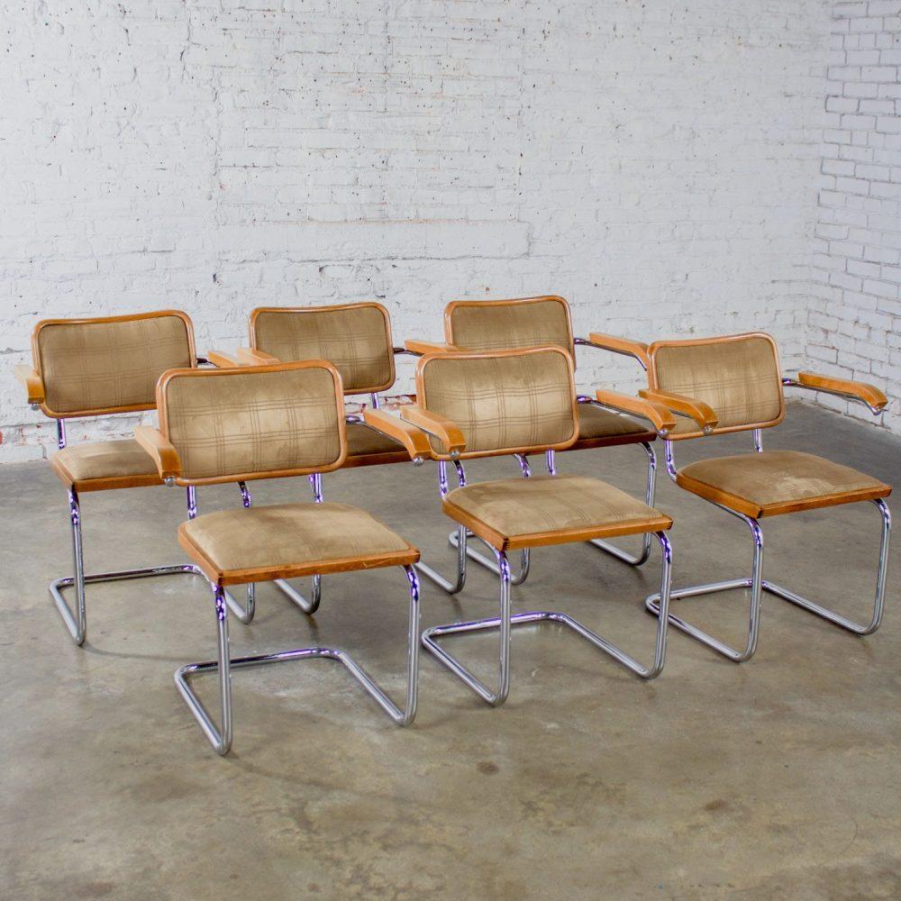 1970’s Bauhaus Cantilever Base Armchairs Made in Italy Style of Marcel Breuer Cesca Chair Set of 6