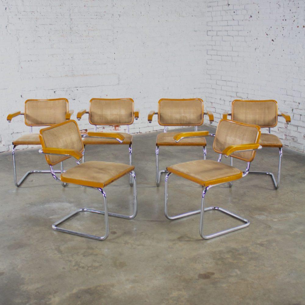 1970’s Bauhaus Cantilever Base Armchairs Made in Italy Style of Marcel Breuer Cesca Chair Set of 6