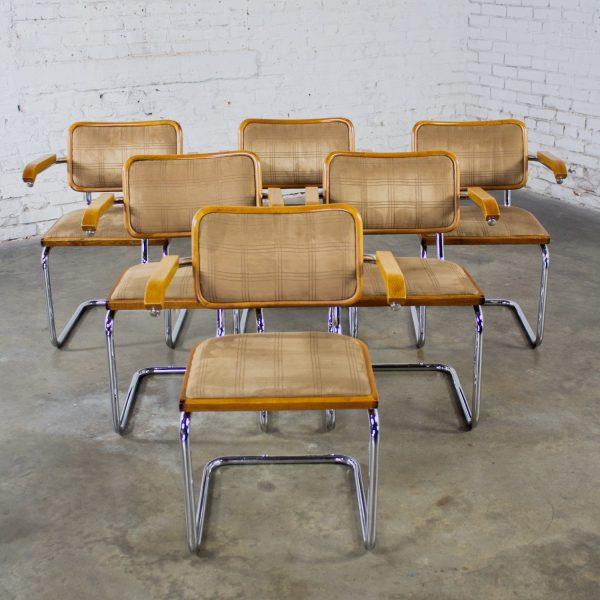 1970’s Bauhaus Cantilever Base Armchairs Made in Italy Style of Marcel Breuer Cesca Chair Set of 6
