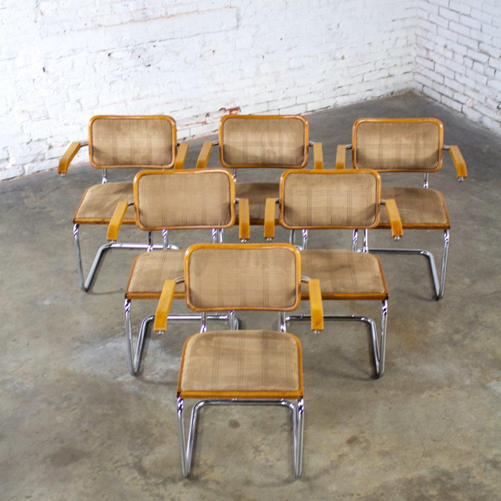1970’s Bauhaus Cantilever Base Armchairs Made in Italy Style of Marcel Breuer Cesca Chair Set of 6