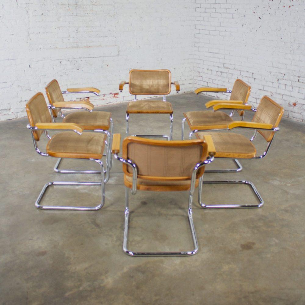 1970’s Bauhaus Cantilever Base Armchairs Made in Italy Style of Marcel Breuer Cesca Chair Set of 6