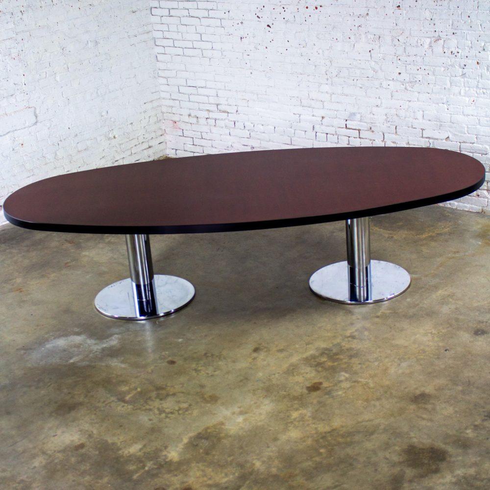 Late 20th Century Modern Monumental Oval Dining or Conference Table w/Chrome Cylindrical Double Pedestal Base
