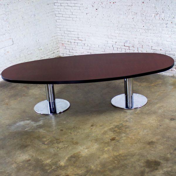 Late 20th Century Modern Monumental Oval Dining or Conference Table w/Chrome Cylindrical Double Pedestal Base