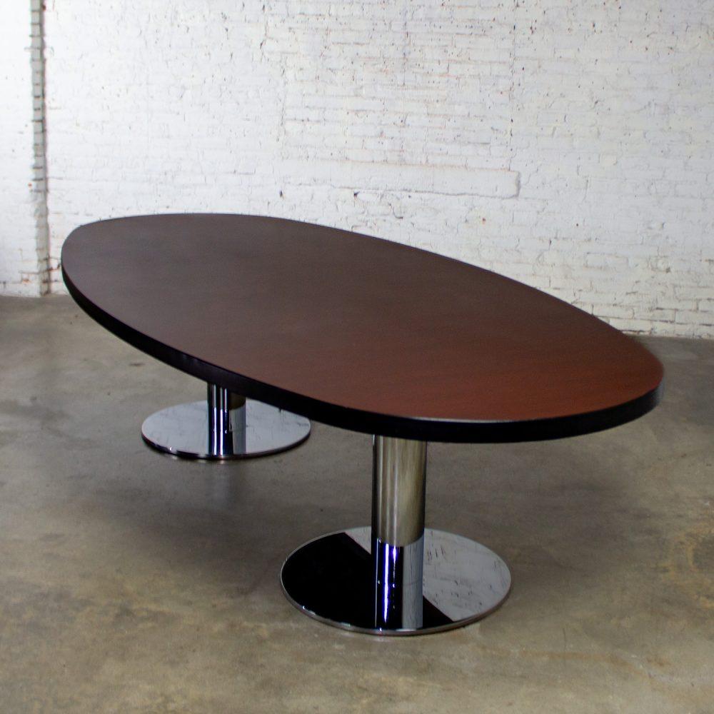 Late 20th Century Modern Monumental Oval Dining or Conference Table w/Chrome Cylindrical Double Pedestal Base
