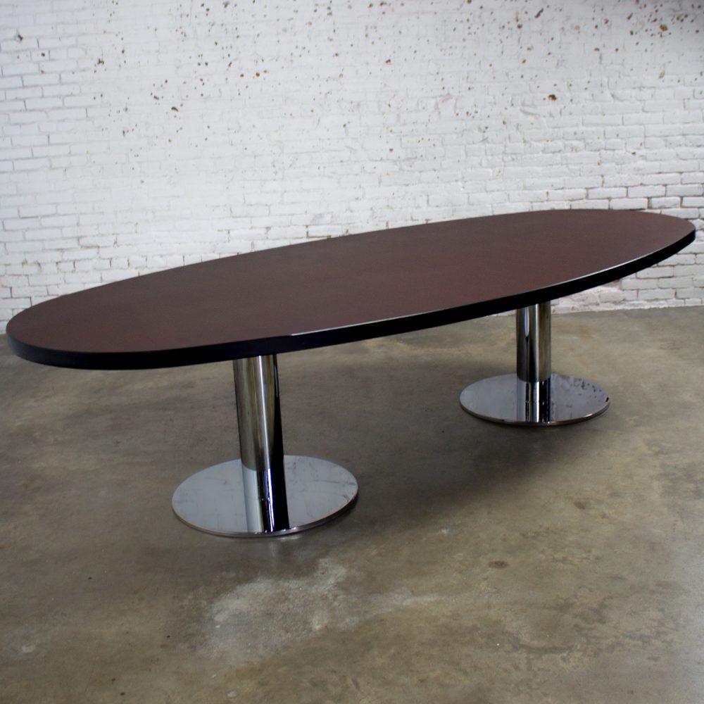 Late 20th Century Modern Monumental Oval Dining or Conference Table w/Chrome Cylindrical Double Pedestal Base