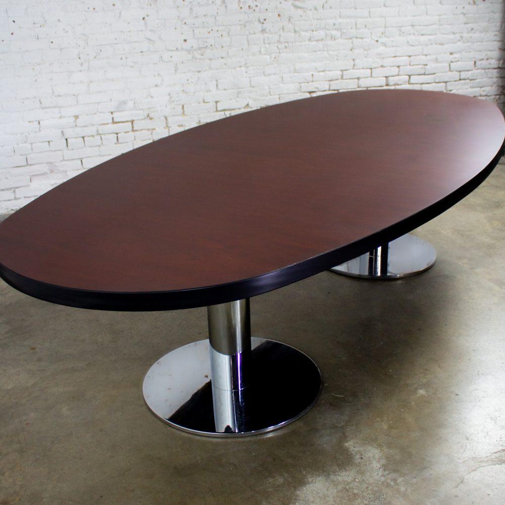 Late 20th Century Modern Monumental Oval Dining or Conference Table w/Chrome Cylindrical Double Pedestal Base