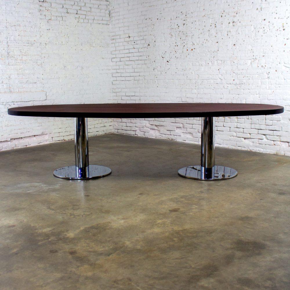 Late 20th Century Modern Monumental Oval Dining or Conference Table w/Chrome Cylindrical Double Pedestal Base
