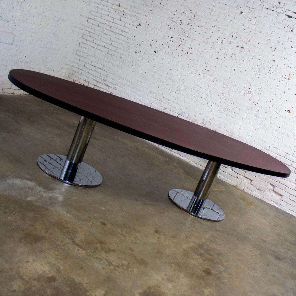 Late 20th Century Modern Monumental Oval Dining or Conference Table w/Chrome Cylindrical Double Pedestal Base