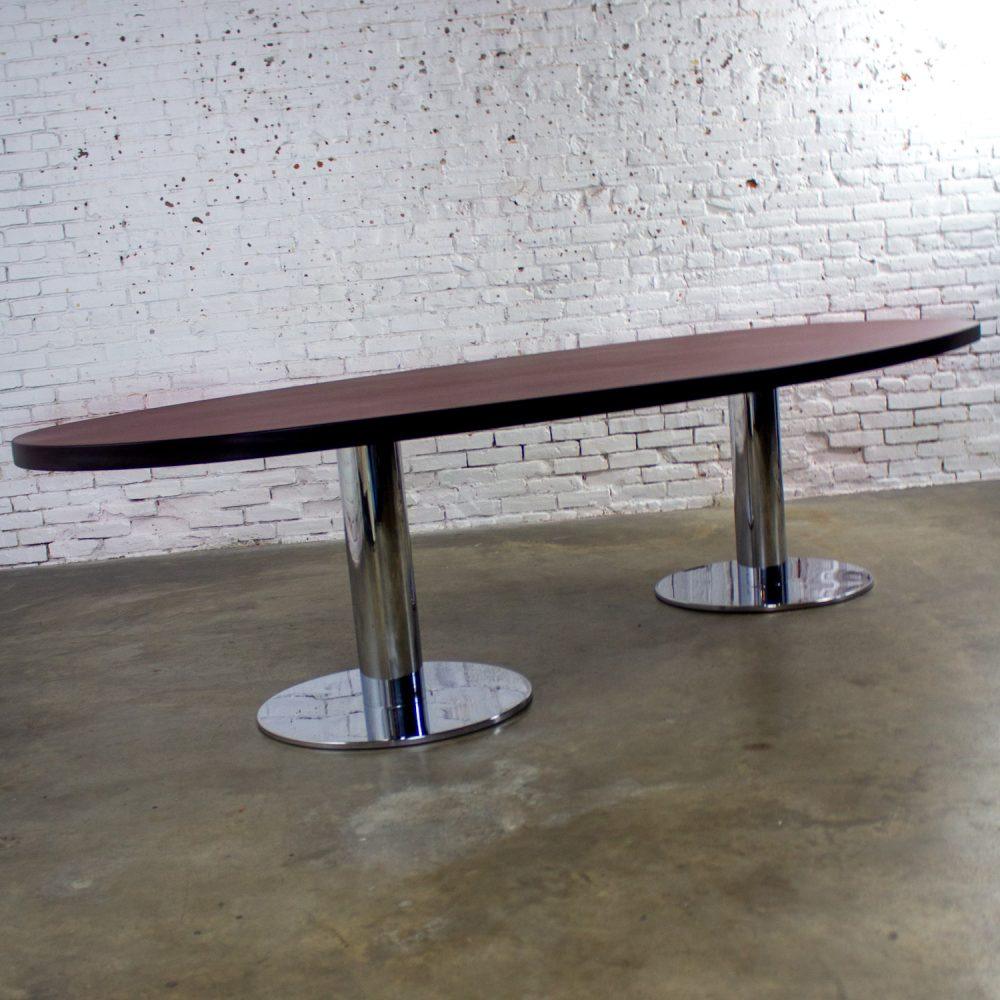 Late 20th Century Modern Monumental Oval Dining or Conference Table w/Chrome Cylindrical Double Pedestal Base