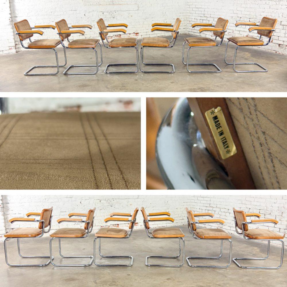 1970’s Bauhaus Cantilever Base Armchairs Made in Italy Style of Marcel Breuer Cesca Chair Set of 6