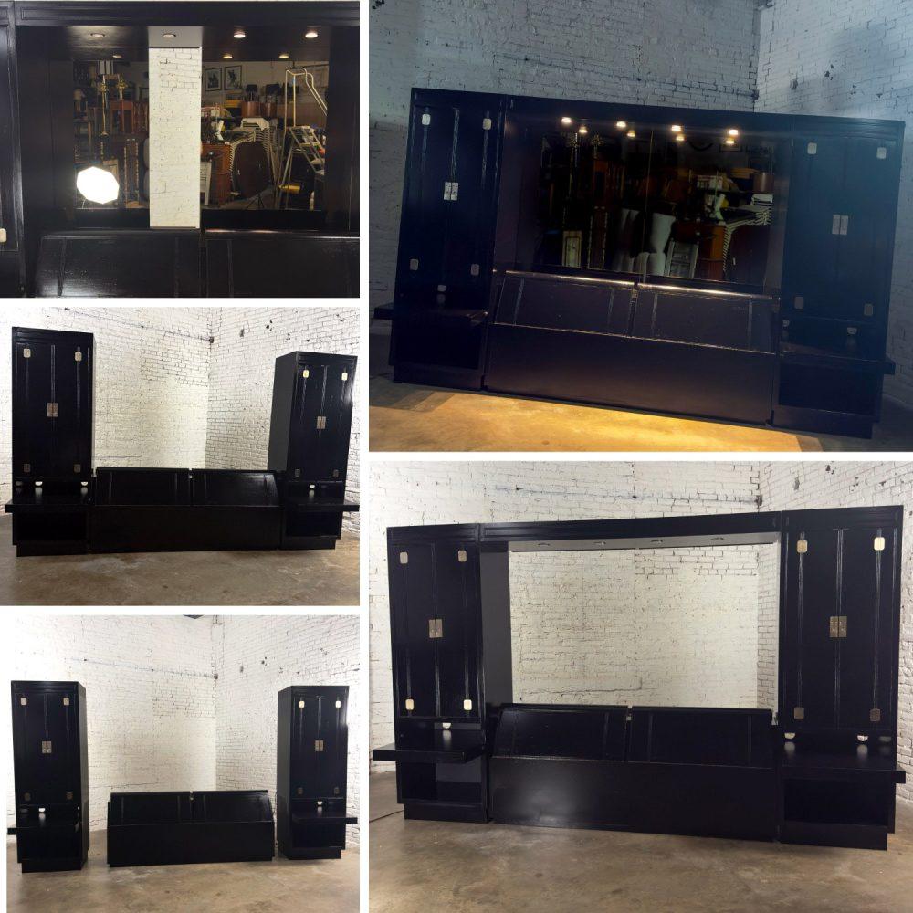 Late 20th Century Modern Campaign Henredon Black Lacquered Modular King Bed w/Side Cabinets & Back Mirror