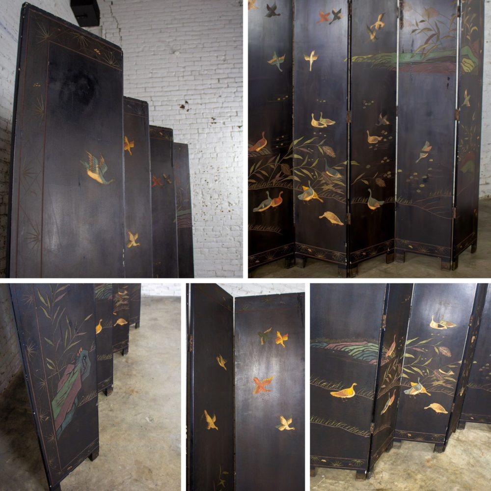 19th to 20th Century Chinese 8 Panel Black Coromandel Folding Screen w/Gilded & Hand Painted Intaglio Designs