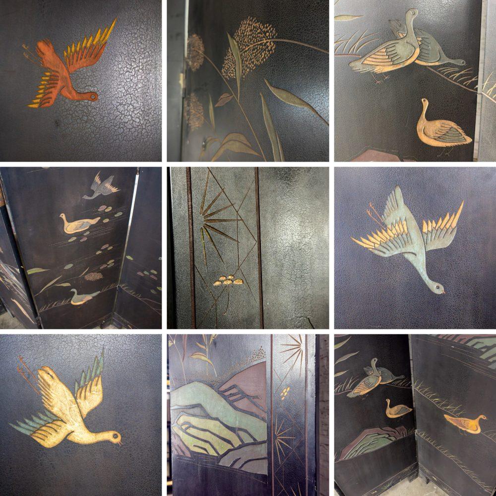 19th to 20th Century Chinese 8 Panel Black Coromandel Folding Screen w/Gilded & Hand Painted Intaglio Designs