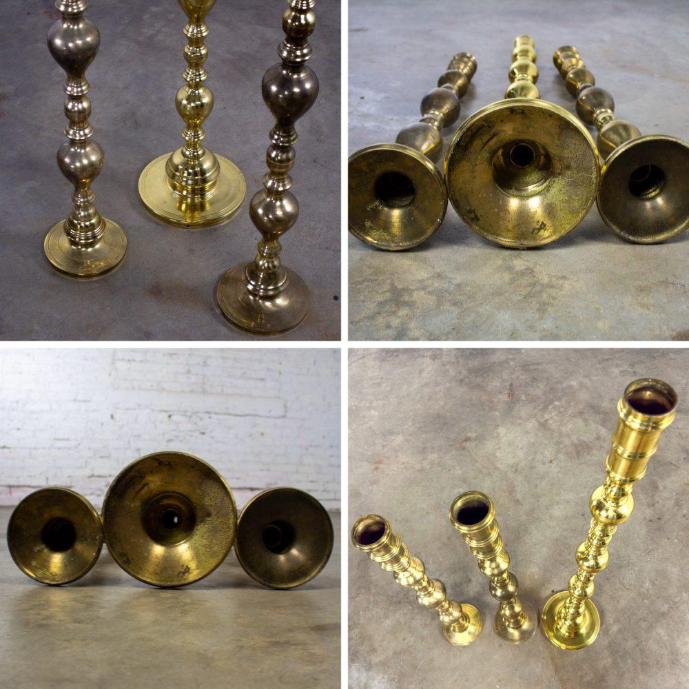 20th Century Moroccan Bohemian & Boho Chic Style Set of 3 Tiered Turned Brass Floor Candlesticks