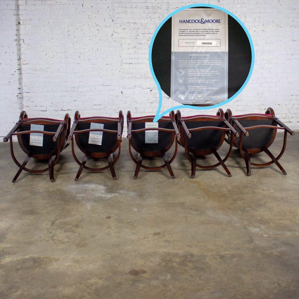 Late 20th Century Traditional Neoclassic Style Red Leather & Wood Barstools by Hancock & Moore set of 5